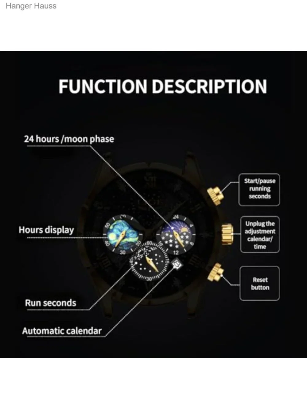 Men's Waterproof Chronograph Quartz Wrist Watch with Genuine Leather Strap Date